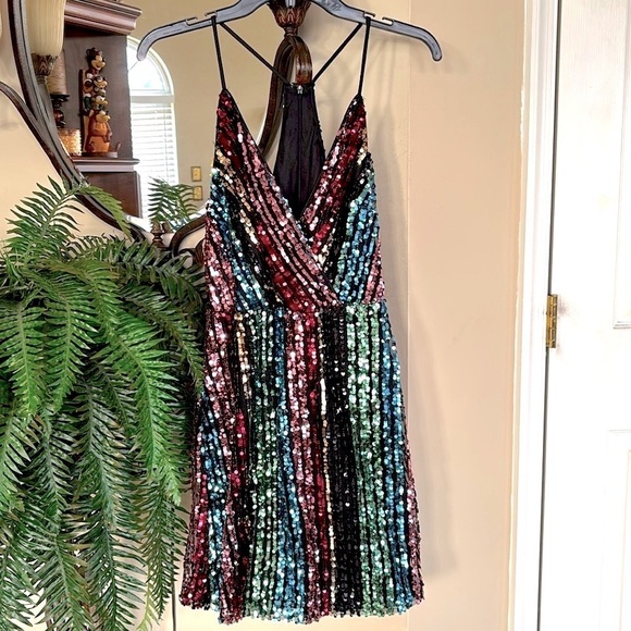 VENUS Dresses & Skirts - Venus Sparkly Rainbow Striped Sequin Colorful Cocktail Dress Spaghetti Strap
